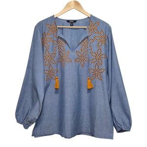 Dennis Basso Chambray Boho Cottagecore Embroidered‎ Tassel Tunic Top Womens M